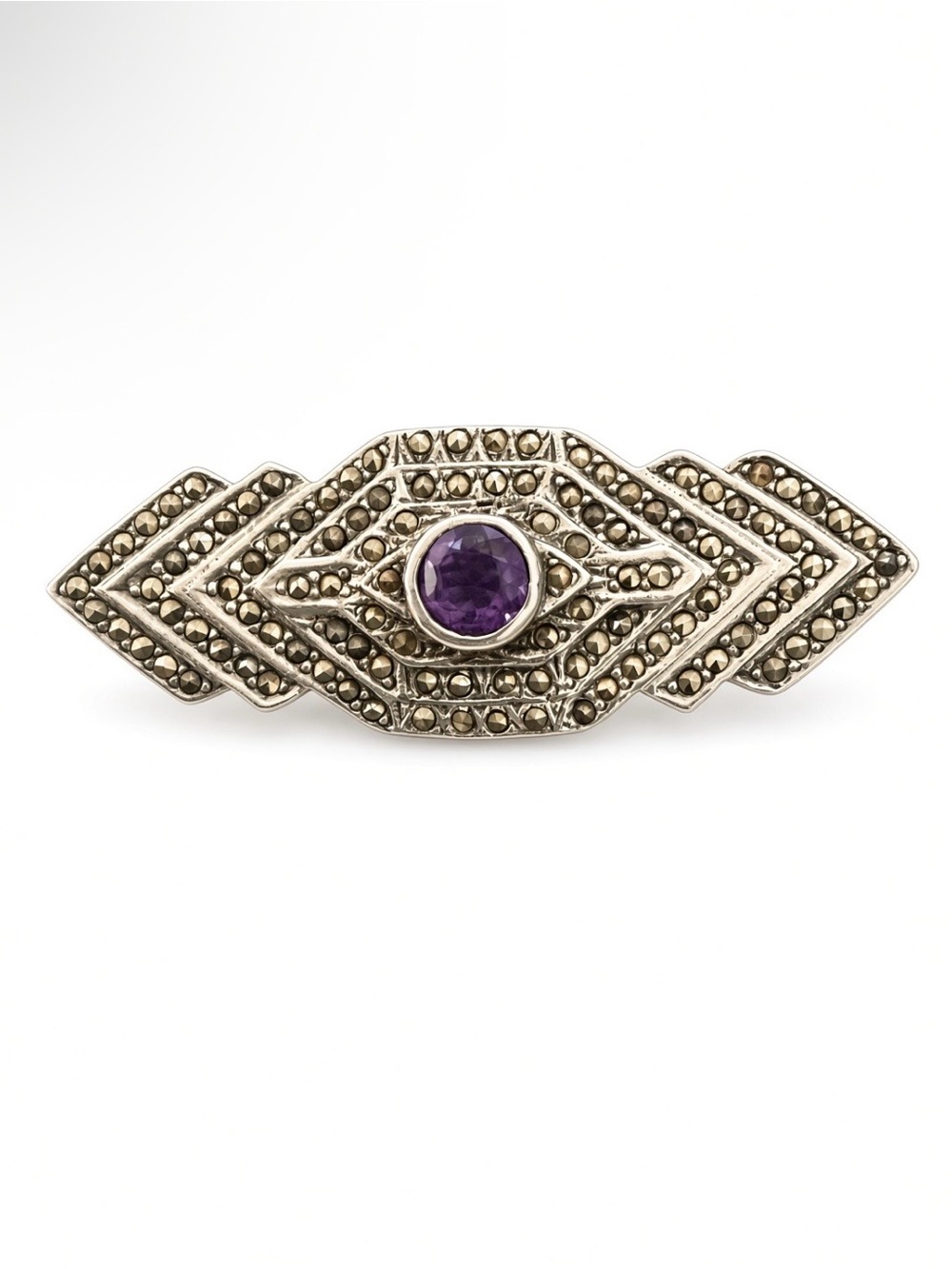 Sterling Silver Marcasite Brooch with Purple Gemstone Accent